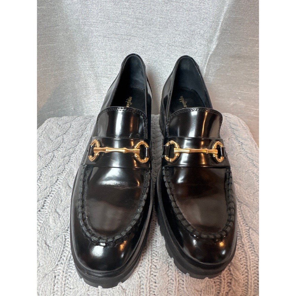 J McLaughlin Black Patent Leather Loafers Gold Buckle Chunky Platform Women 7